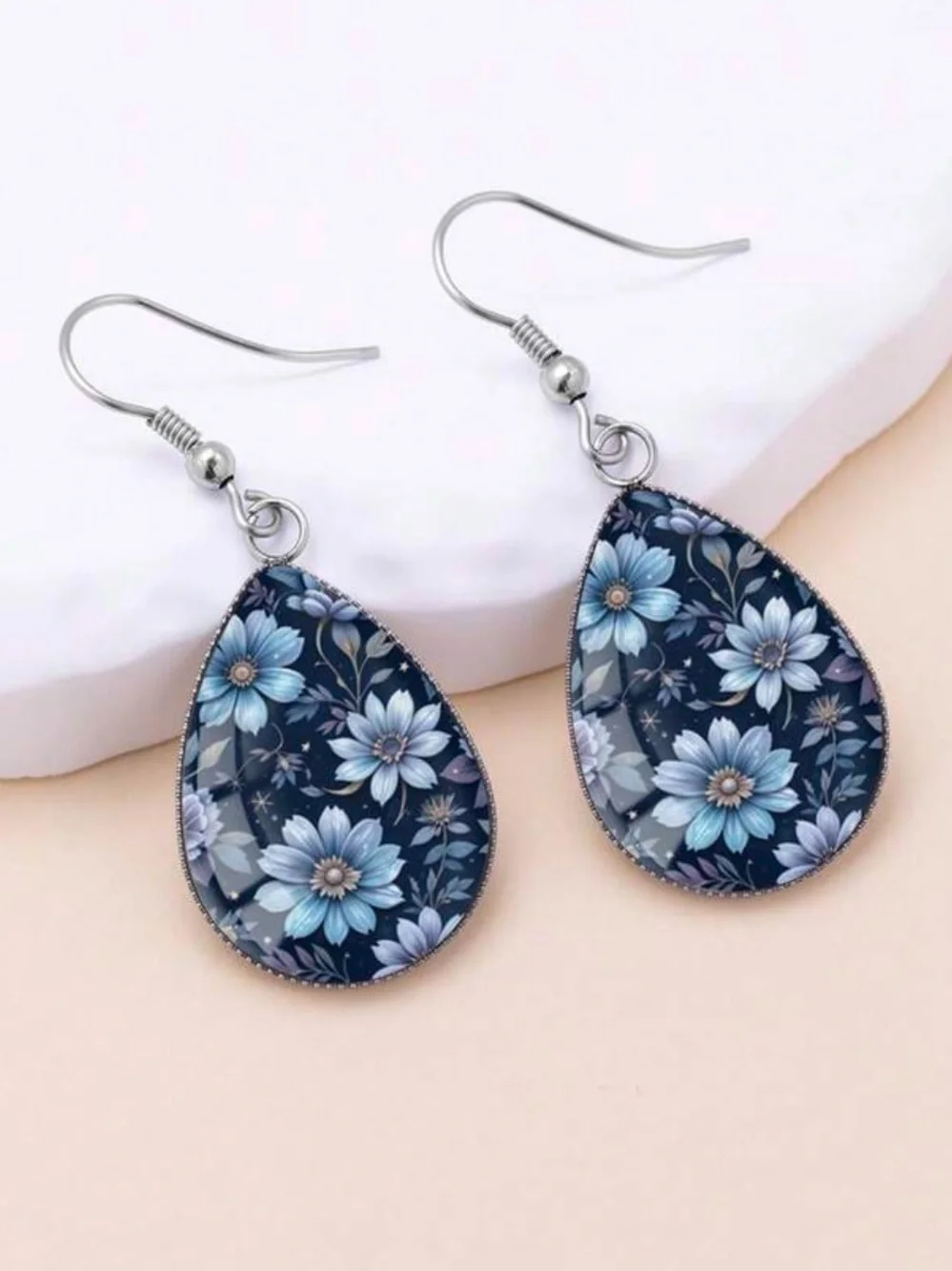 Floral‎ Teardrop Drop Earrings - Blue